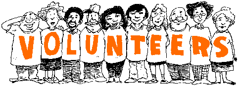 Graphic of cartoon character people with the word "VOLUNTEERS" on their shirts.
